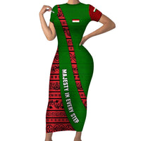 Tajikistan Green Lion Family Matching Short Sleeve Bodycon Dress and Hawaiian Shirt with Red Folk Pattern with Majestic Script