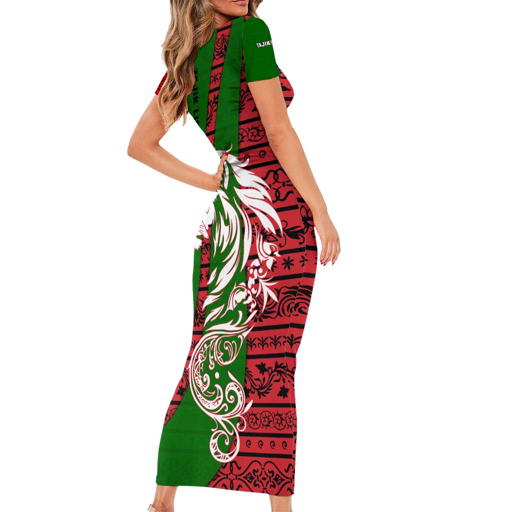 Tajikistan Green Lion Family Matching Short Sleeve Bodycon Dress and Hawaiian Shirt with Red Folk Pattern with Majestic Script