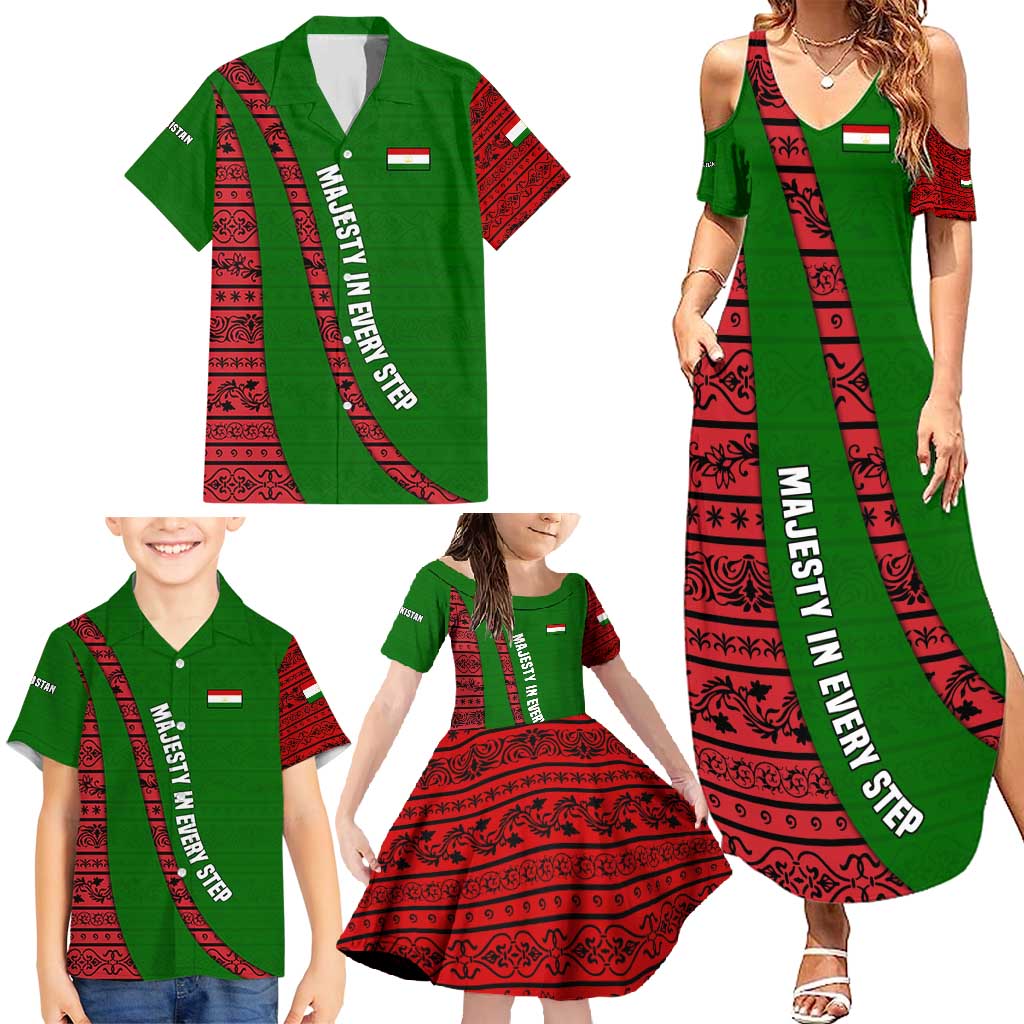 Tajikistan Green Lion Family Matching Summer Maxi Dress and Hawaiian Shirt with Red Folk Pattern with Majestic Script