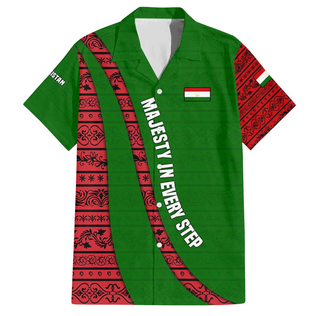 Tajikistan Green Lion Family Matching Summer Maxi Dress and Hawaiian Shirt with Red Folk Pattern with Majestic Script