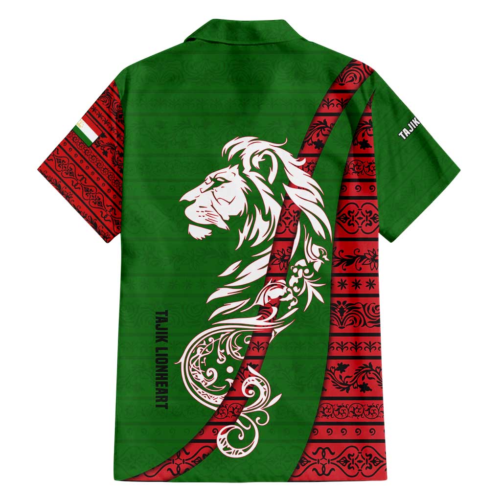 Tajikistan Green Lion Family Matching Summer Maxi Dress and Hawaiian Shirt with Red Folk Pattern with Majestic Script