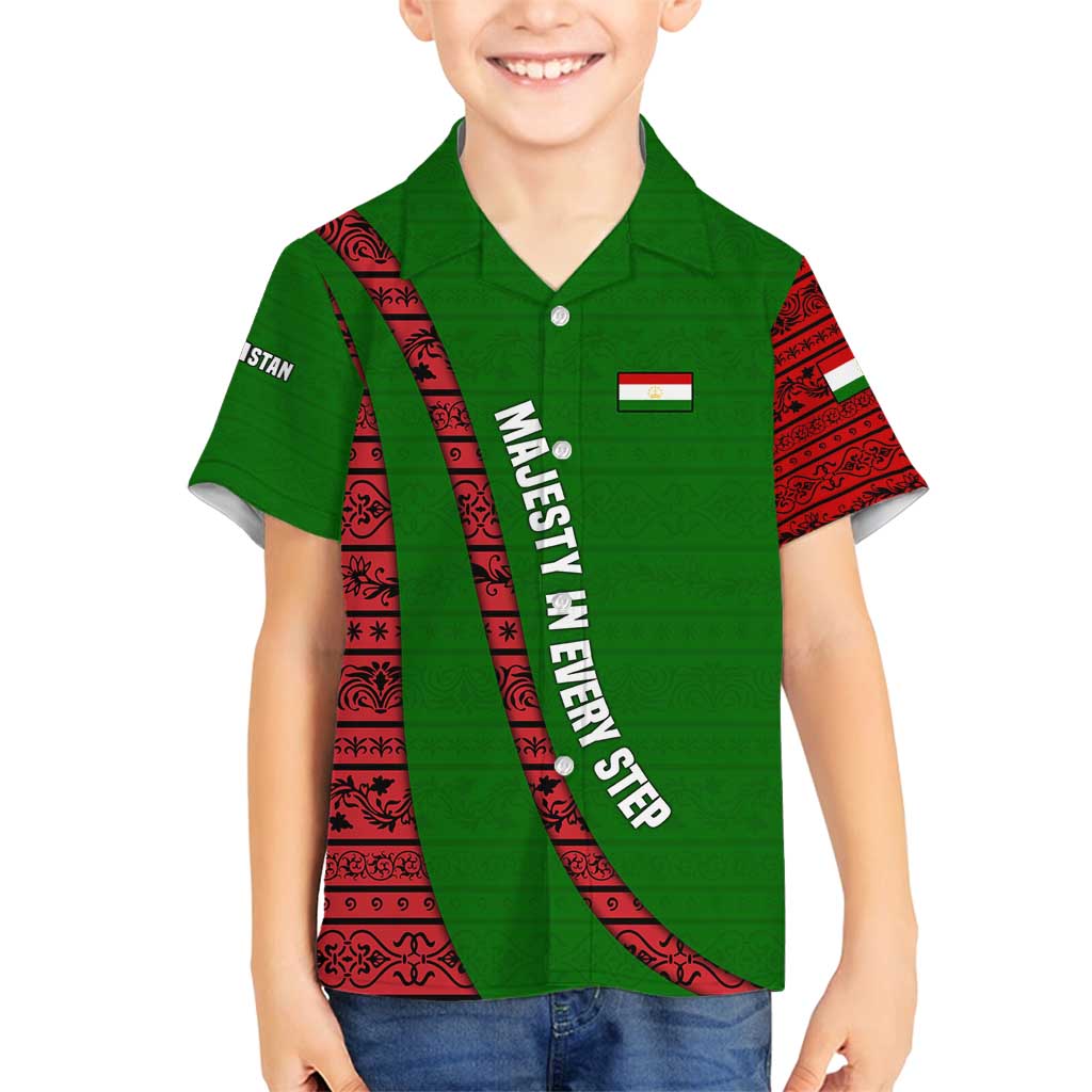 Tajikistan Green Lion Family Matching Summer Maxi Dress and Hawaiian Shirt with Red Folk Pattern with Majestic Script