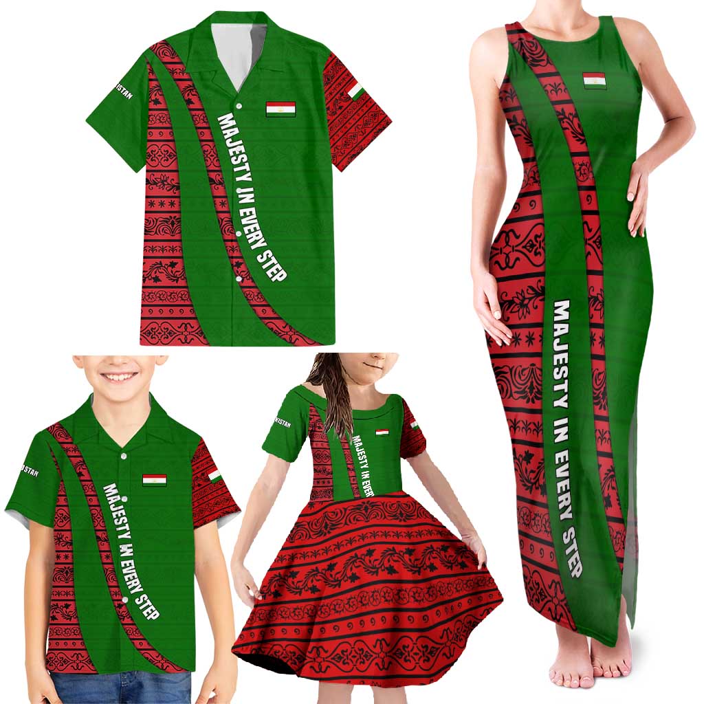 Tajikistan Green Lion Family Matching Tank Maxi Dress and Hawaiian Shirt with Red Folk Pattern with Majestic Script