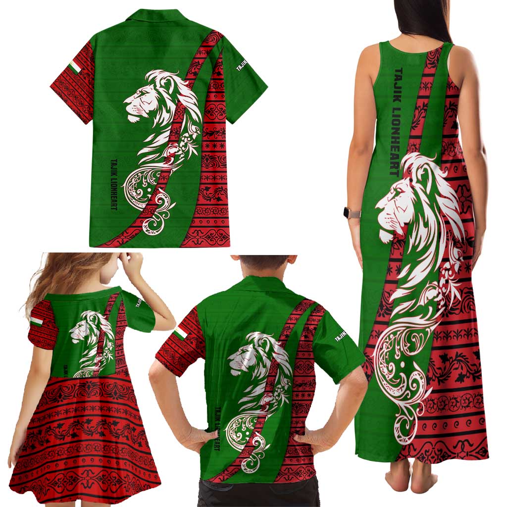 Tajikistan Green Lion Family Matching Tank Maxi Dress and Hawaiian Shirt with Red Folk Pattern with Majestic Script