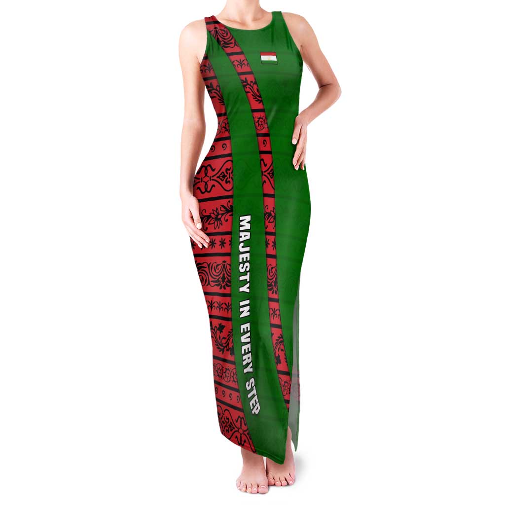 Tajikistan Green Lion Family Matching Tank Maxi Dress and Hawaiian Shirt with Red Folk Pattern with Majestic Script