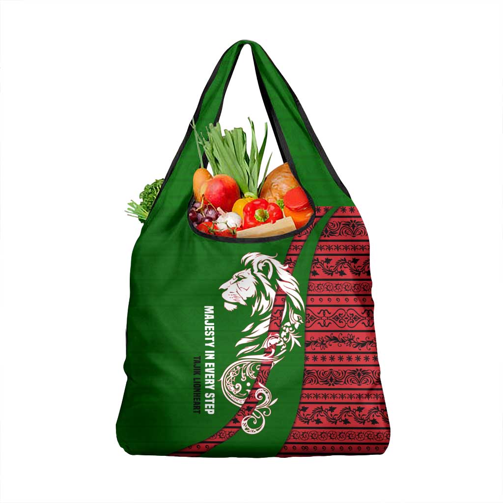Tajikistan Green Lion Grocery Bag with Red Folk Pattern with Majestic Script