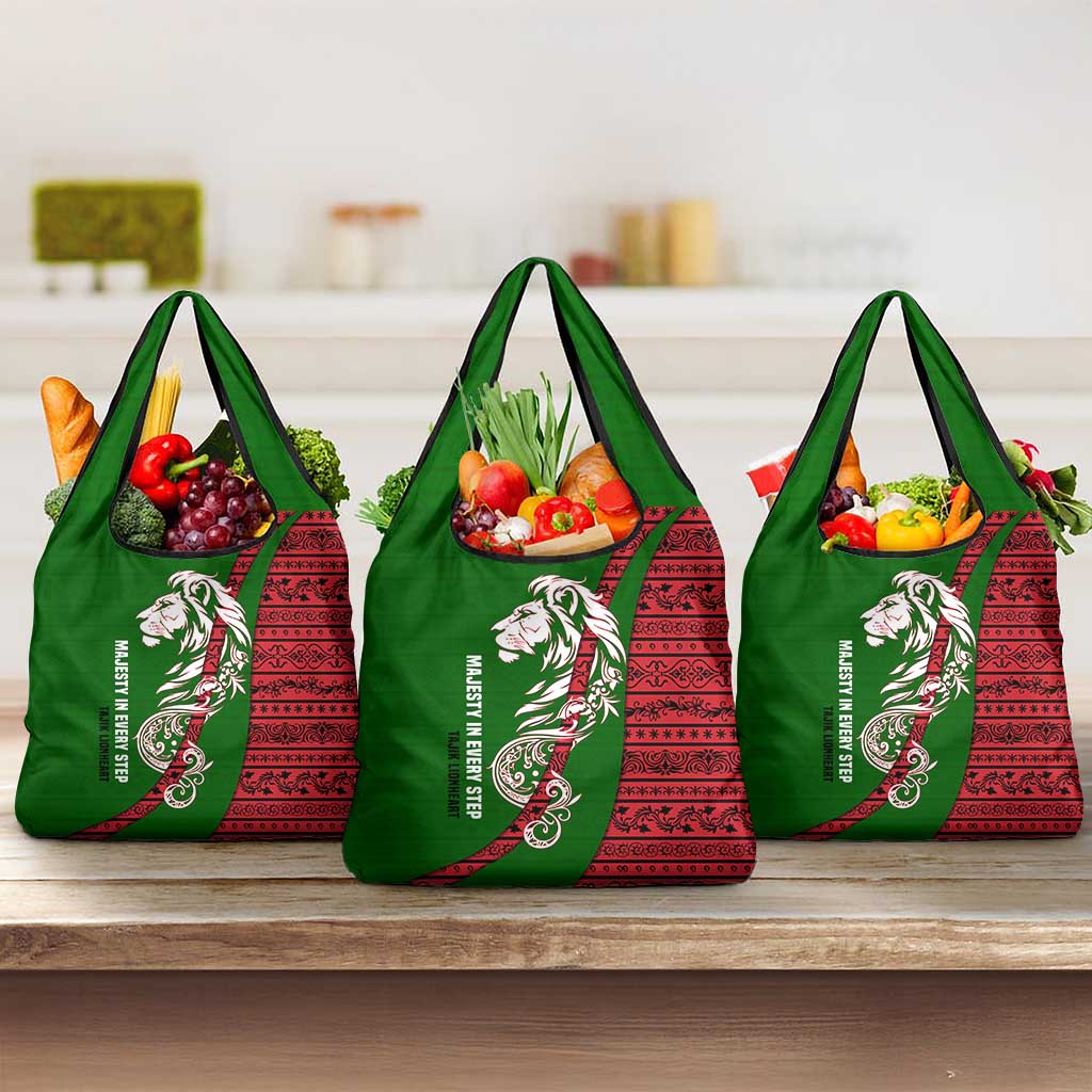 Tajikistan Green Lion Grocery Bag with Red Folk Pattern with Majestic Script