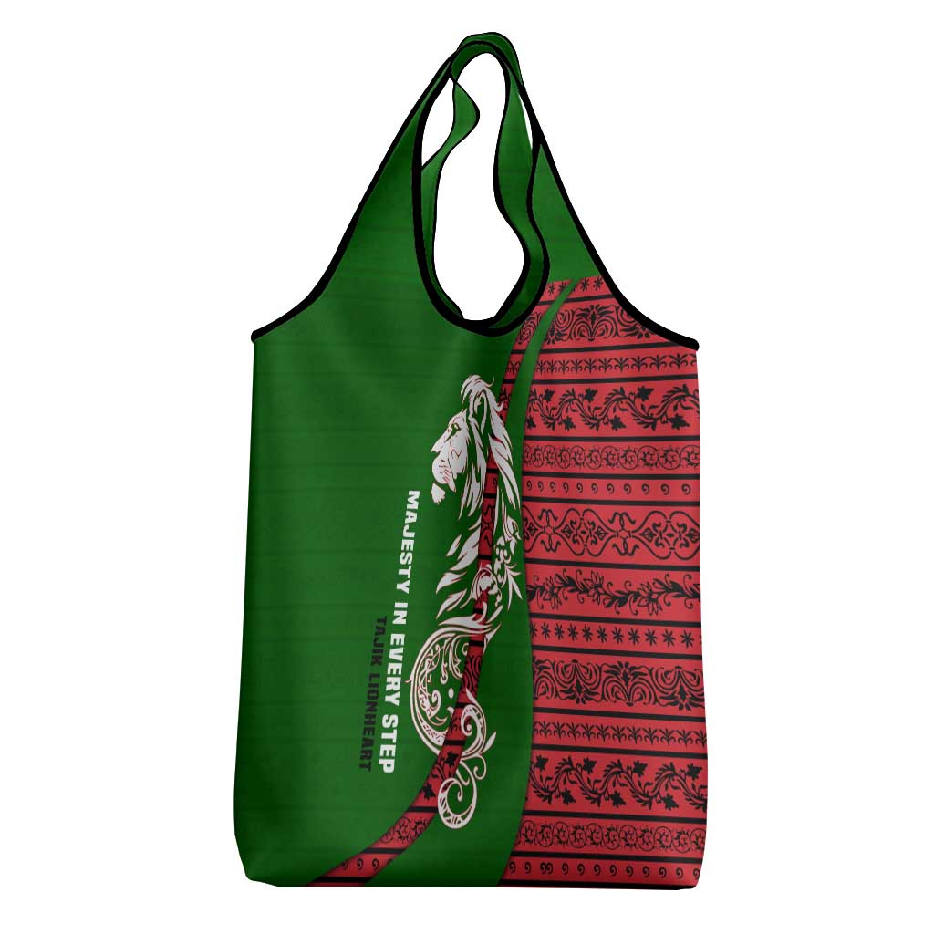Tajikistan Green Lion Grocery Bag with Red Folk Pattern with Majestic Script
