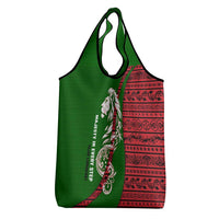 Tajikistan Green Lion Grocery Bag with Red Folk Pattern with Majestic Script