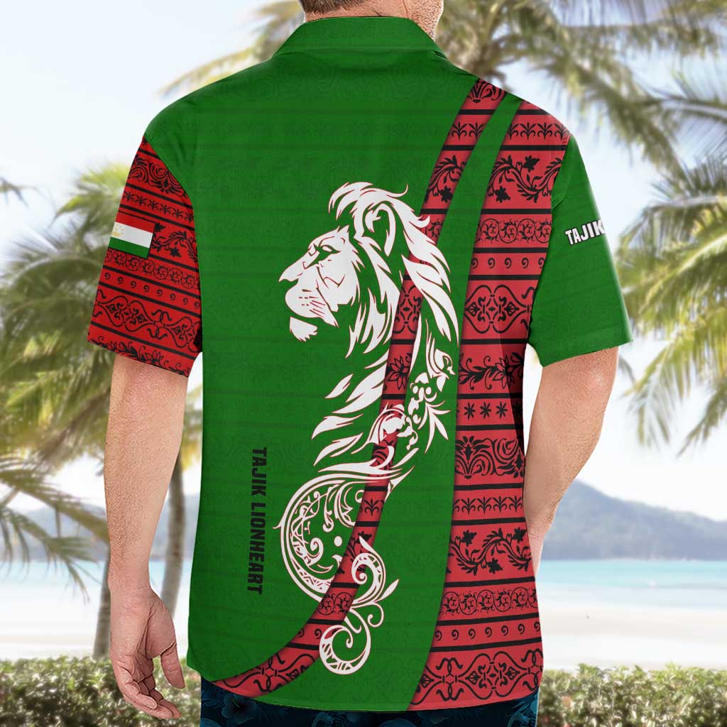 Tajikistan Green Lion Hawaiian Shirt with Red Folk Pattern with Majestic Script