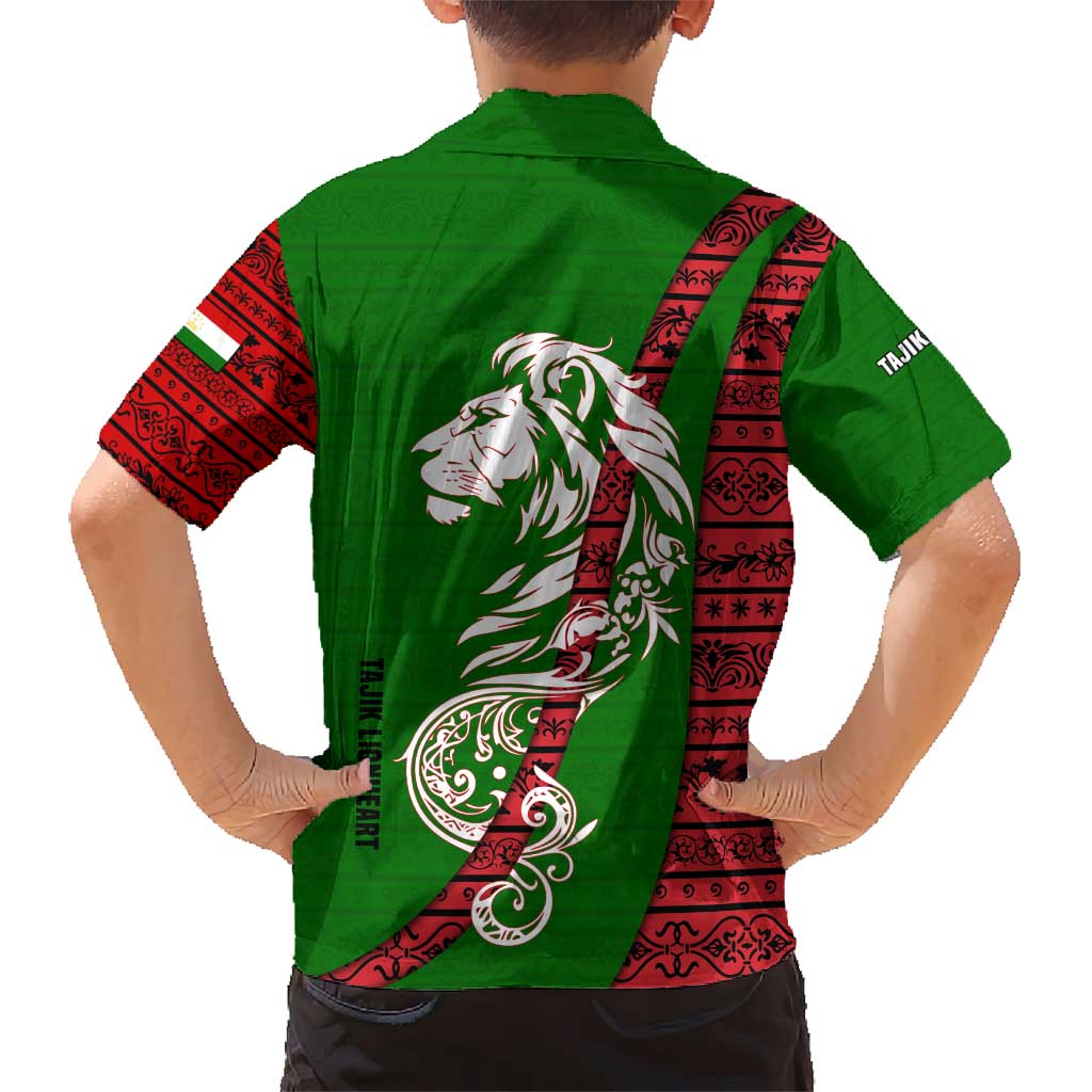 Tajikistan Green Lion Hawaiian Shirt with Red Folk Pattern with Majestic Script