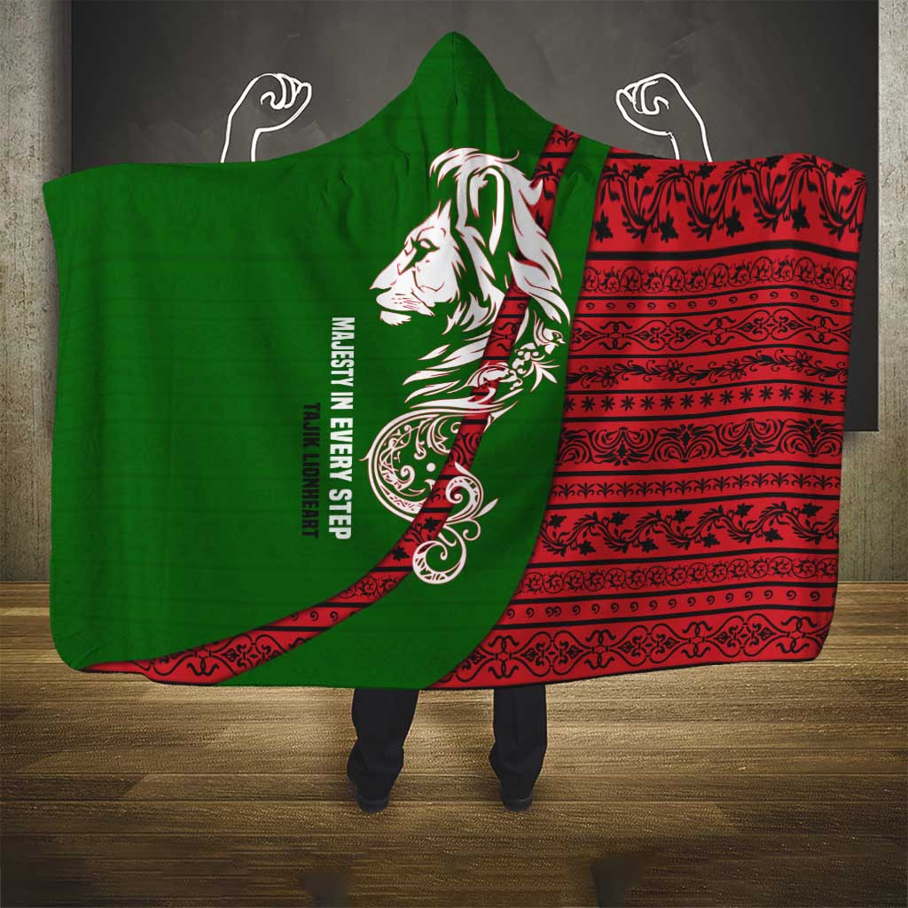 Tajikistan Green Lion Hooded Blanket with Red Folk Pattern with Majestic Script