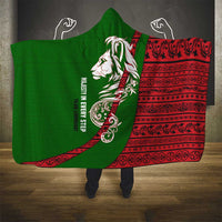 Tajikistan Green Lion Hooded Blanket with Red Folk Pattern with Majestic Script