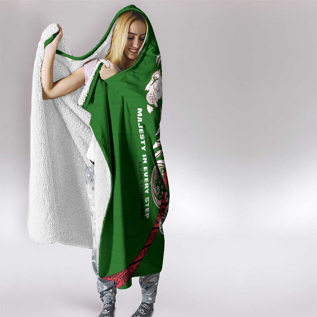 Tajikistan Green Lion Hooded Blanket with Red Folk Pattern with Majestic Script