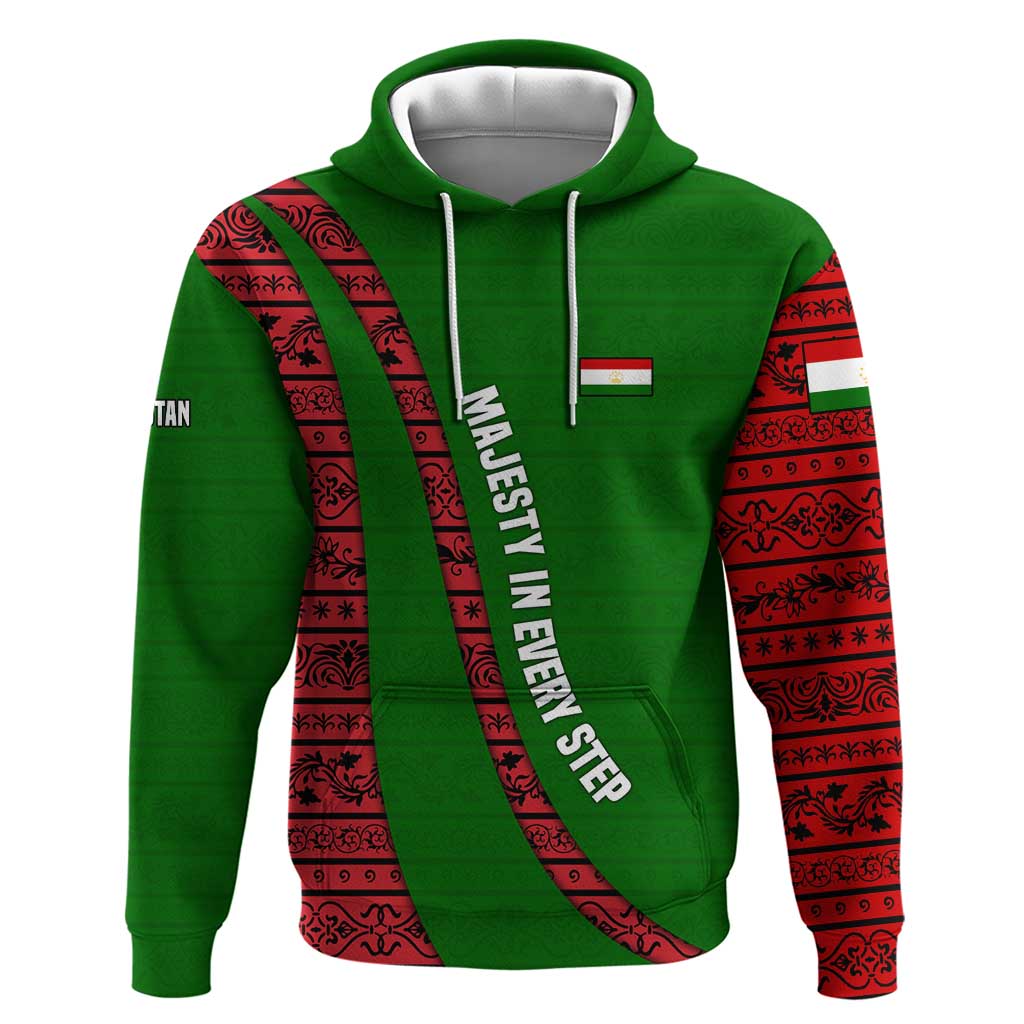 Tajikistan Green Lion Hoodie with Red Folk Pattern with Majestic Script