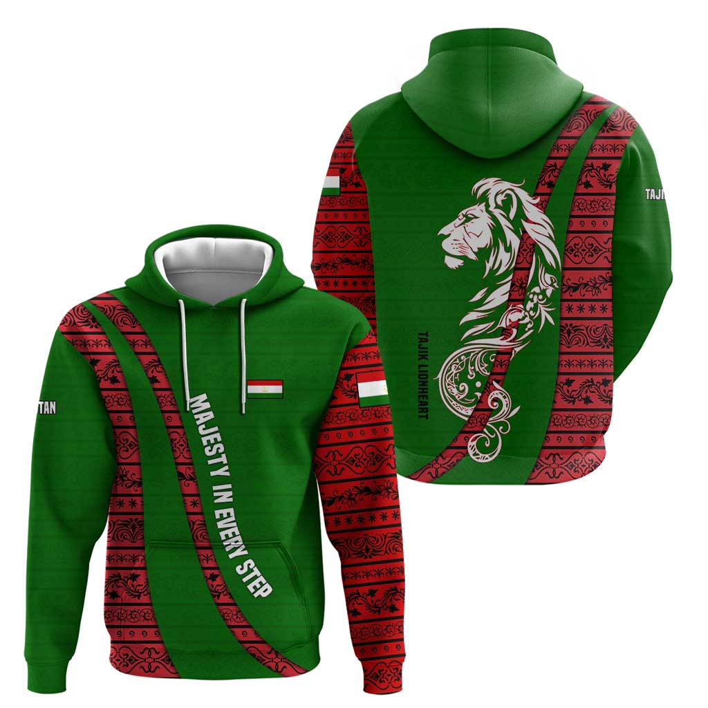 Tajikistan Green Lion Hoodie with Red Folk Pattern with Majestic Script