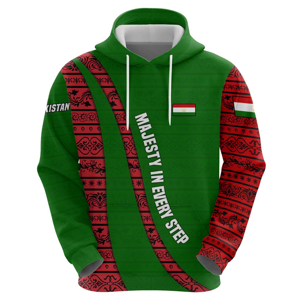 Tajikistan Green Lion Hoodie with Red Folk Pattern with Majestic Script