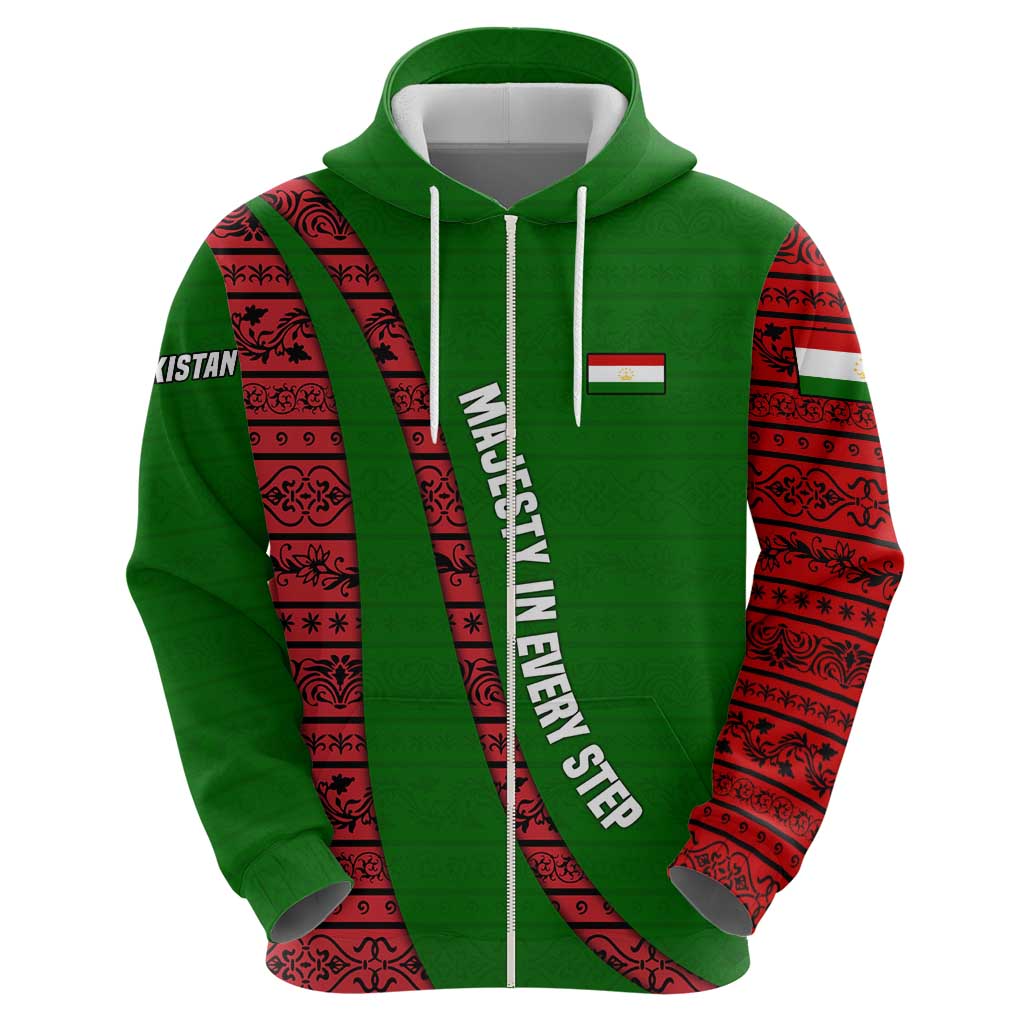 Tajikistan Green Lion Hoodie with Red Folk Pattern with Majestic Script