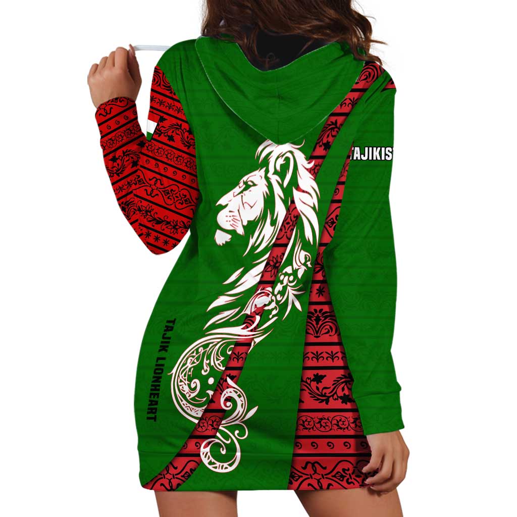 Tajikistan Green Lion Hoodie Dress with Red Folk Pattern with Majestic Script