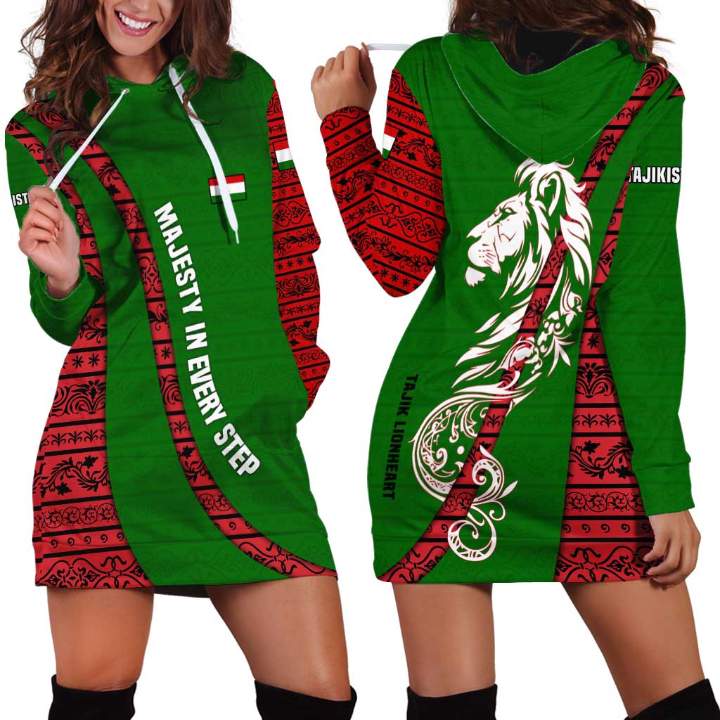 Tajikistan Green Lion Hoodie Dress with Red Folk Pattern with Majestic Script