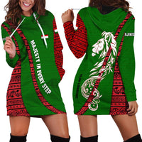 Tajikistan Green Lion Hoodie Dress with Red Folk Pattern with Majestic Script