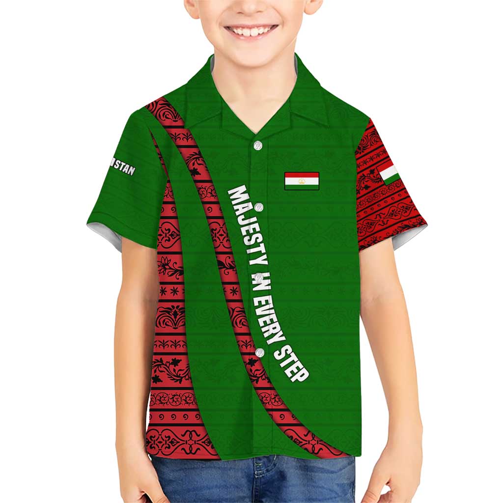 Tajikistan Green Lion Kid Hawaiian Shirt with Red Folk Pattern with Majestic Script
