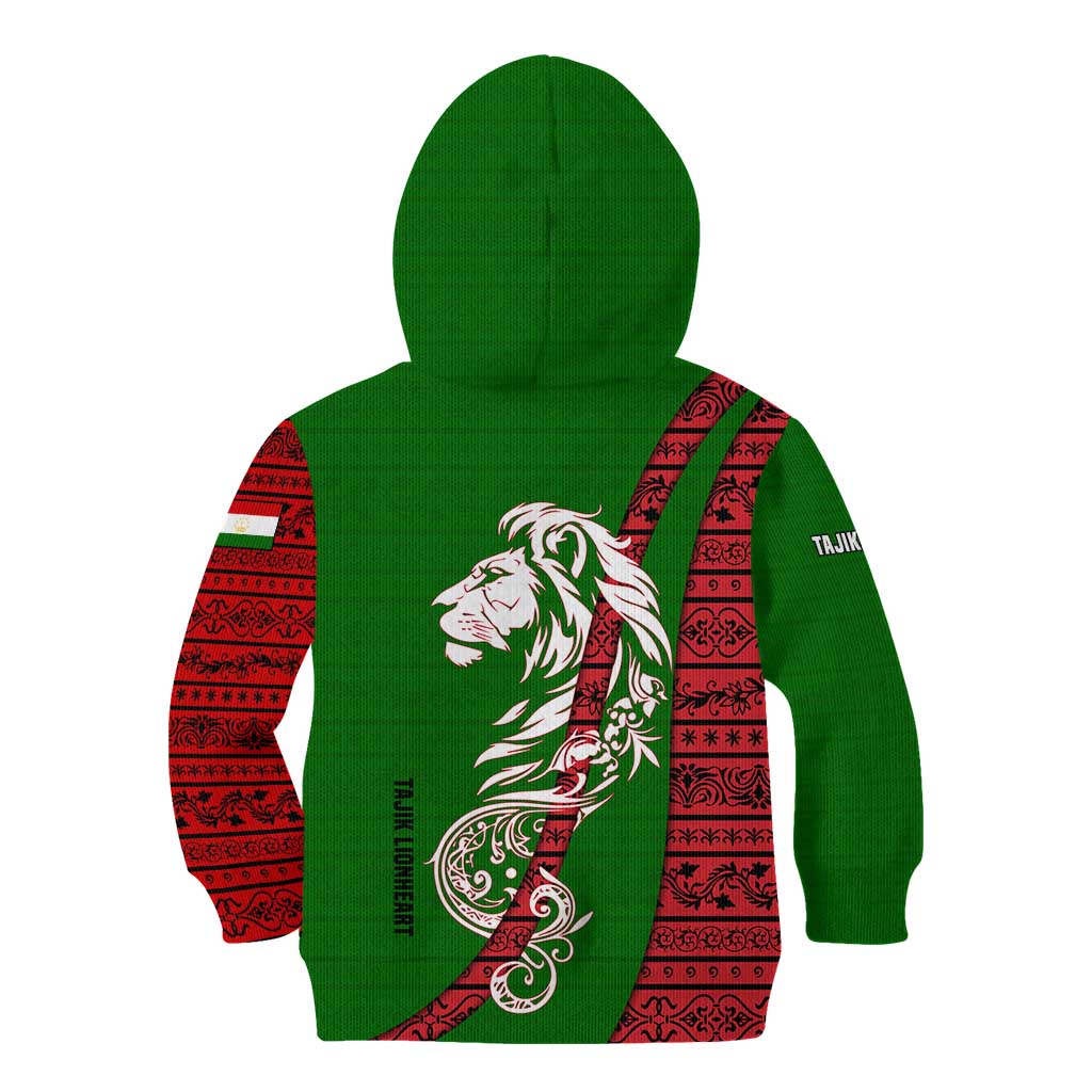 Tajikistan Green Lion Kid Hoodie with Red Folk Pattern with Majestic Script