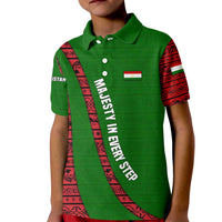 Tajikistan Green Lion Kid Polo Shirt with Red Folk Pattern with Majestic Script