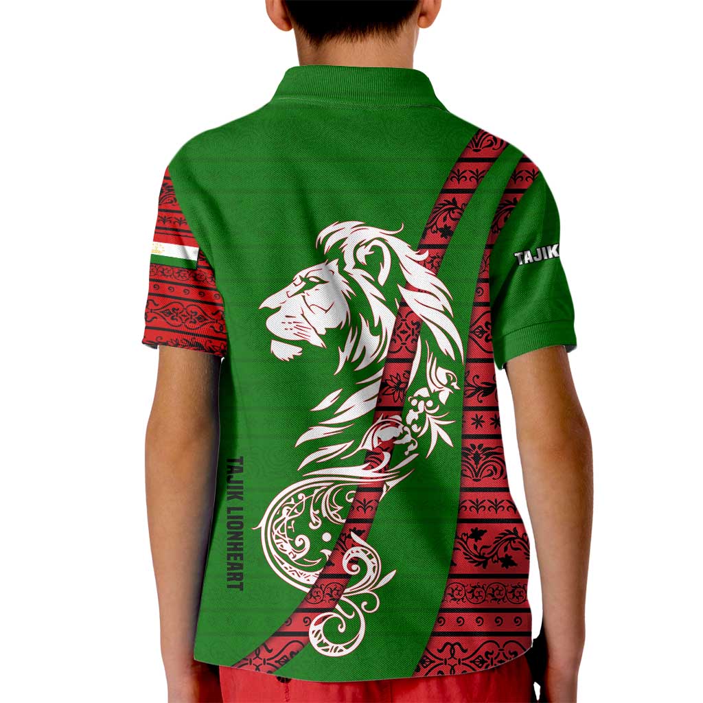 Tajikistan Green Lion Kid Polo Shirt with Red Folk Pattern with Majestic Script