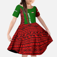 Tajikistan Green Lion Kid Short Sleeve Dress with Red Folk Pattern with Majestic Script