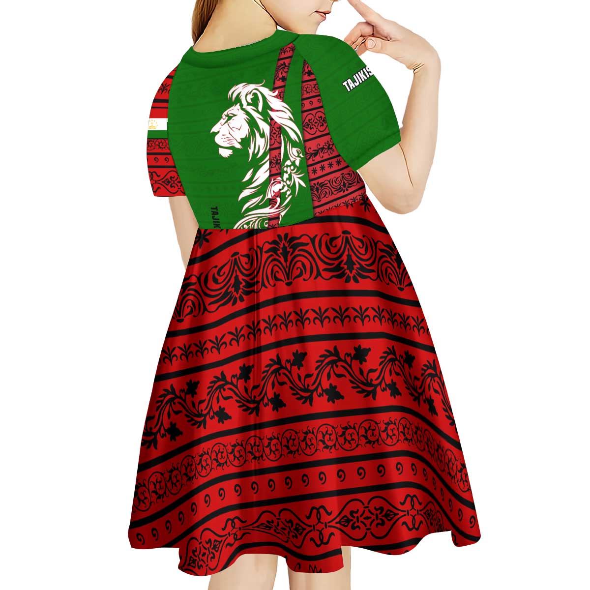 Tajikistan Green Lion Kid Short Sleeve Dress with Red Folk Pattern with Majestic Script