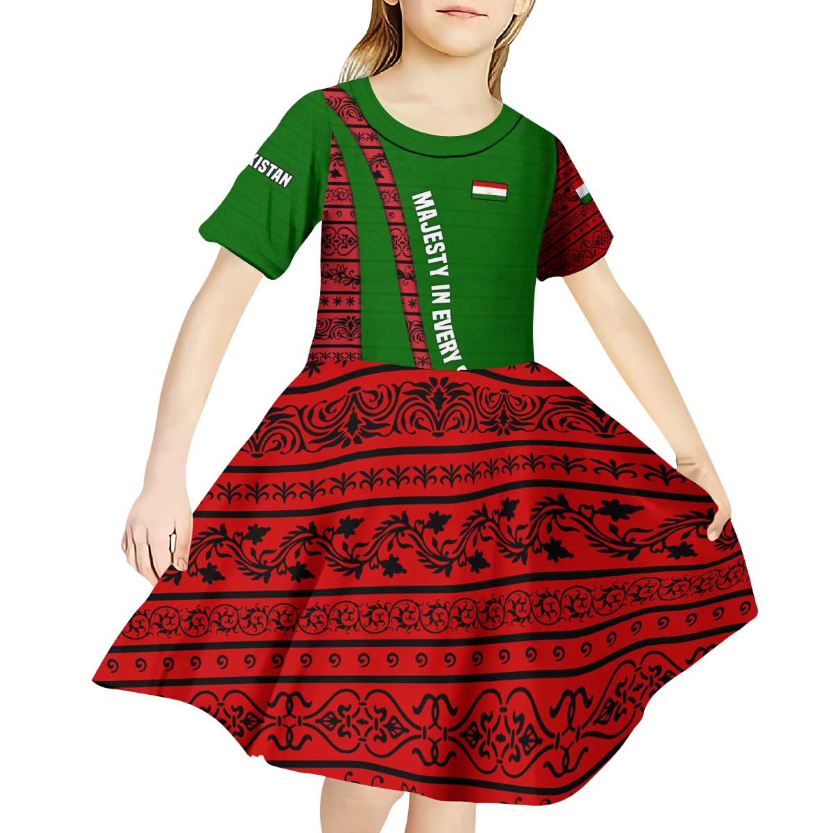 Tajikistan Green Lion Kid Short Sleeve Dress with Red Folk Pattern with Majestic Script