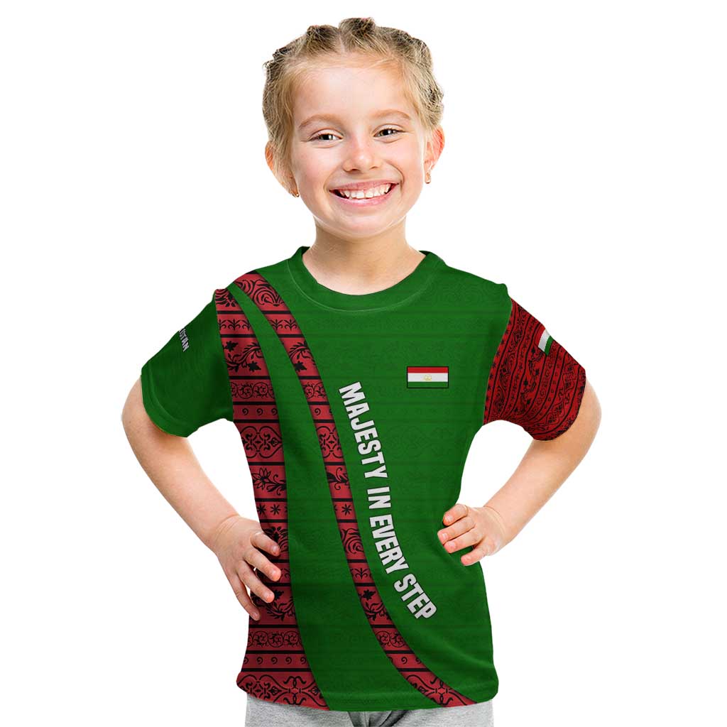 Tajikistan Green Lion Kid T Shirt with Red Folk Pattern with Majestic Script