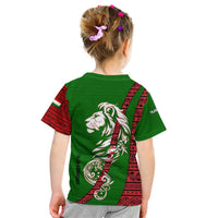 Tajikistan Green Lion Kid T Shirt with Red Folk Pattern with Majestic Script