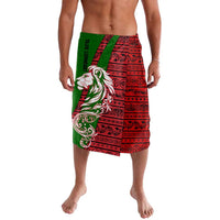 Tajikistan Green Lion Lavalava with Red Folk Pattern with Majestic Script