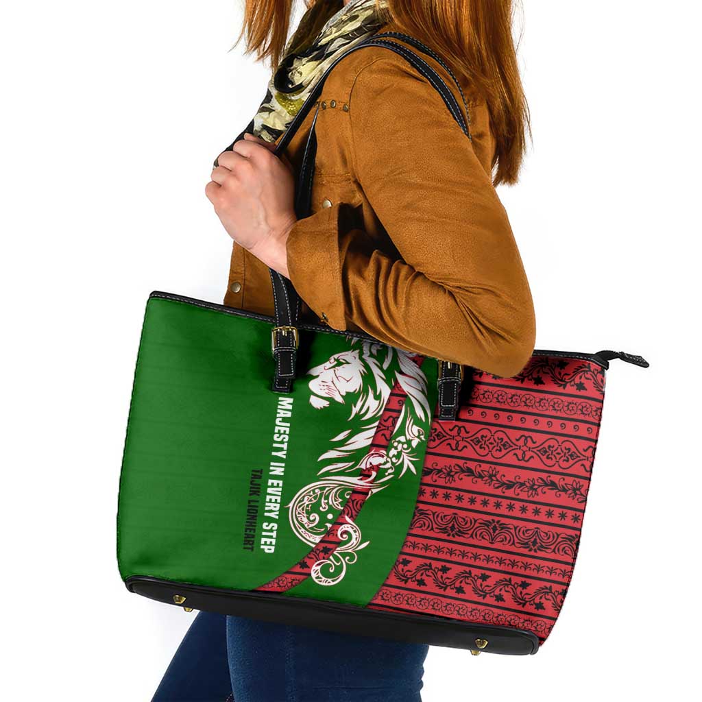 Tajikistan Green Lion Leather Tote Bag with Red Folk Pattern with Majestic Script