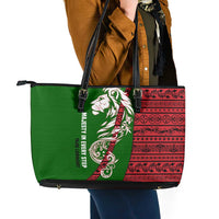 Tajikistan Green Lion Leather Tote Bag with Red Folk Pattern with Majestic Script