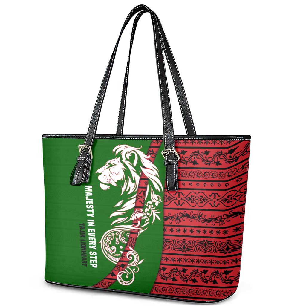Tajikistan Green Lion Leather Tote Bag with Red Folk Pattern with Majestic Script
