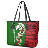 Tajikistan Green Lion Leather Tote Bag with Red Folk Pattern with Majestic Script