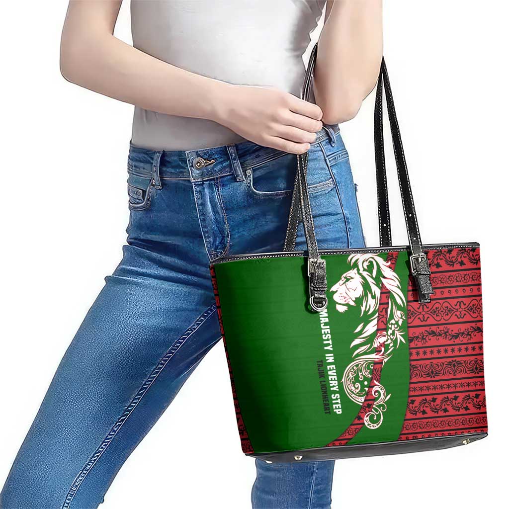 Tajikistan Green Lion Leather Tote Bag with Red Folk Pattern with Majestic Script