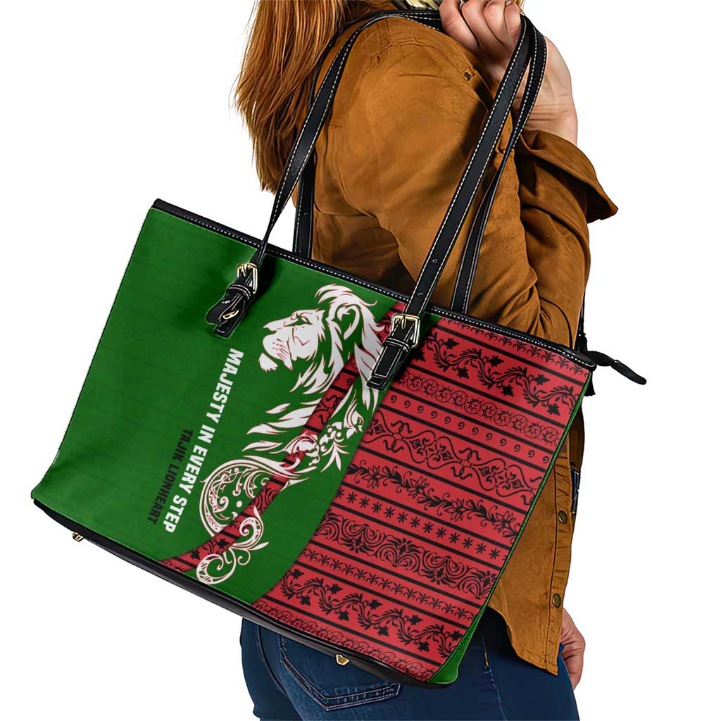 Tajikistan Green Lion Leather Tote Bag with Red Folk Pattern with Majestic Script