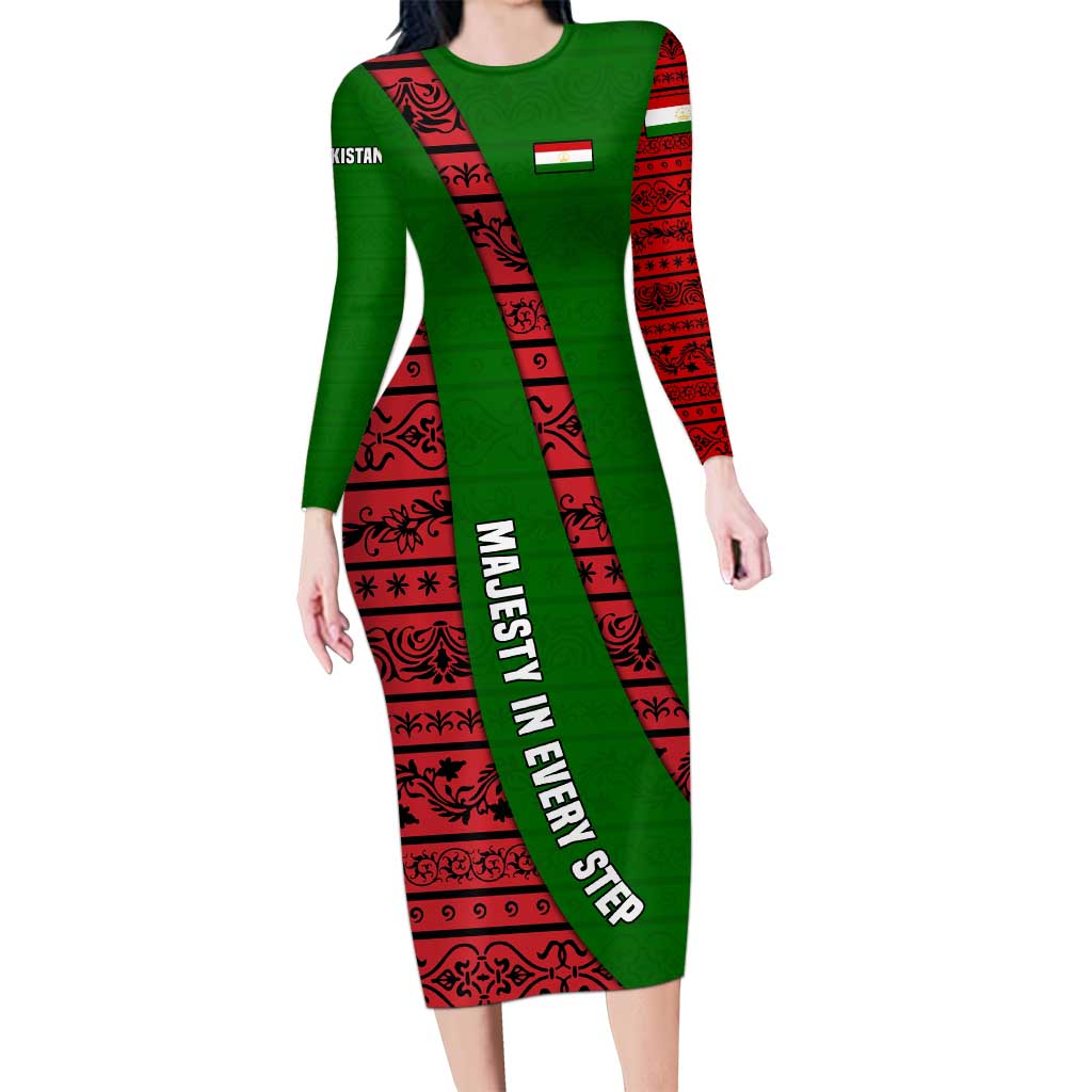 Tajikistan Green Lion Long Sleeve Bodycon Dress with Red Folk Pattern with Majestic Script
