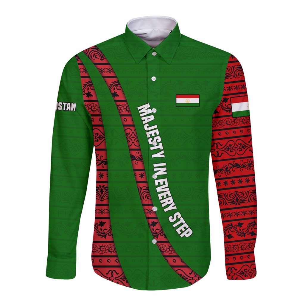 Tajikistan Green Lion Long Sleeve Button Shirt with Red Folk Pattern with Majestic Script