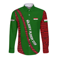 Tajikistan Green Lion Long Sleeve Button Shirt with Red Folk Pattern with Majestic Script