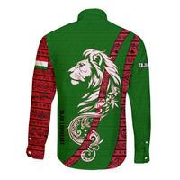 Tajikistan Green Lion Long Sleeve Button Shirt with Red Folk Pattern with Majestic Script