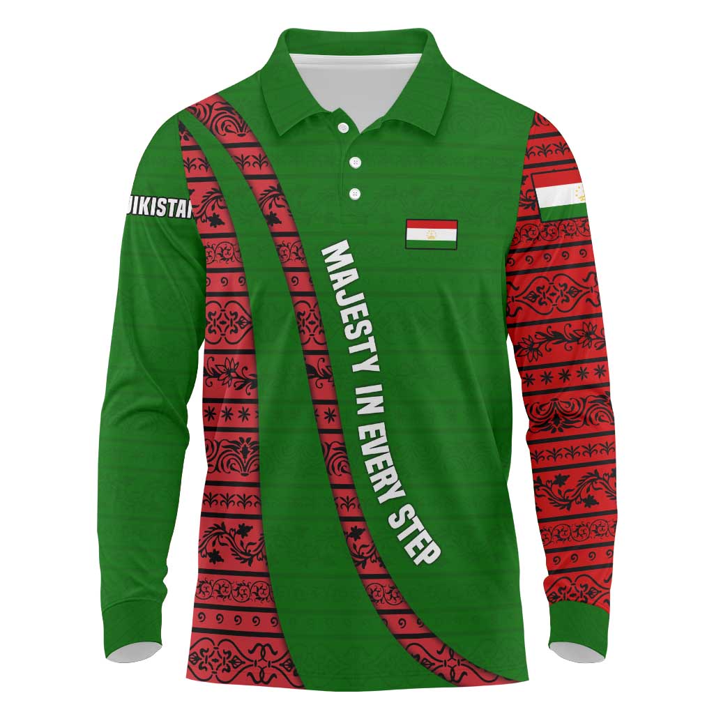Tajikistan Green Lion Long Sleeve Polo Shirt with Red Folk Pattern with Majestic Script