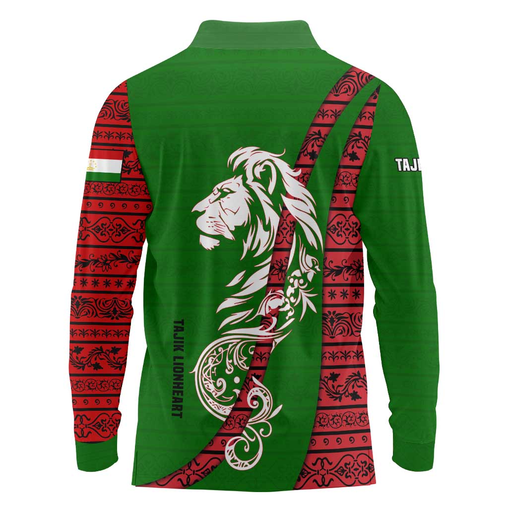 Tajikistan Green Lion Long Sleeve Polo Shirt with Red Folk Pattern with Majestic Script