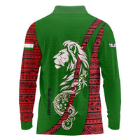 Tajikistan Green Lion Long Sleeve Polo Shirt with Red Folk Pattern with Majestic Script