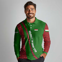 Tajikistan Green Lion Long Sleeve Polo Shirt with Red Folk Pattern with Majestic Script