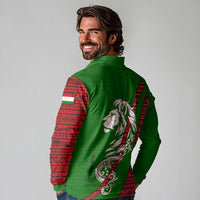 Tajikistan Green Lion Long Sleeve Polo Shirt with Red Folk Pattern with Majestic Script